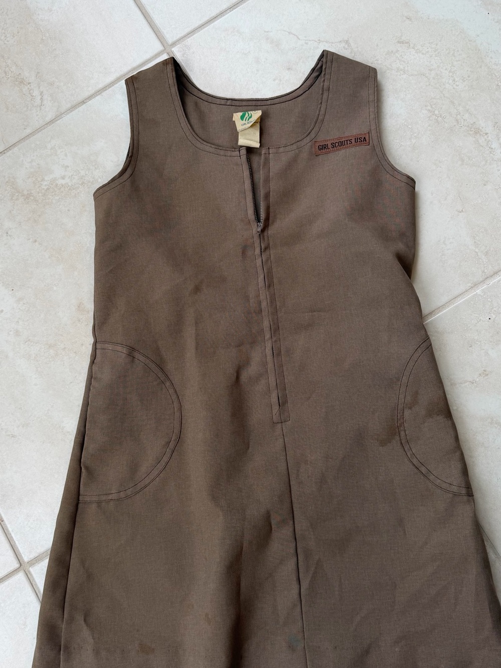 Girls Brown Casual Pinafore Dress with Patch Pockets needs good cleaning stains